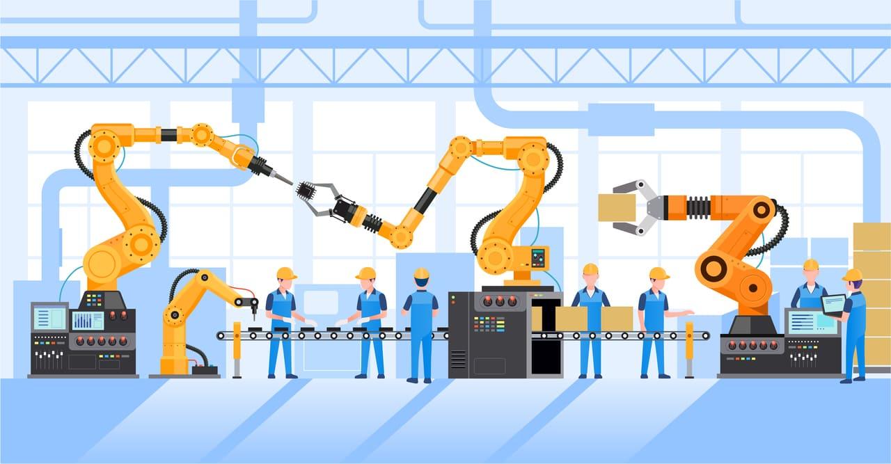 smart factory concept- robot e uomini che lavorano in fabbrica
